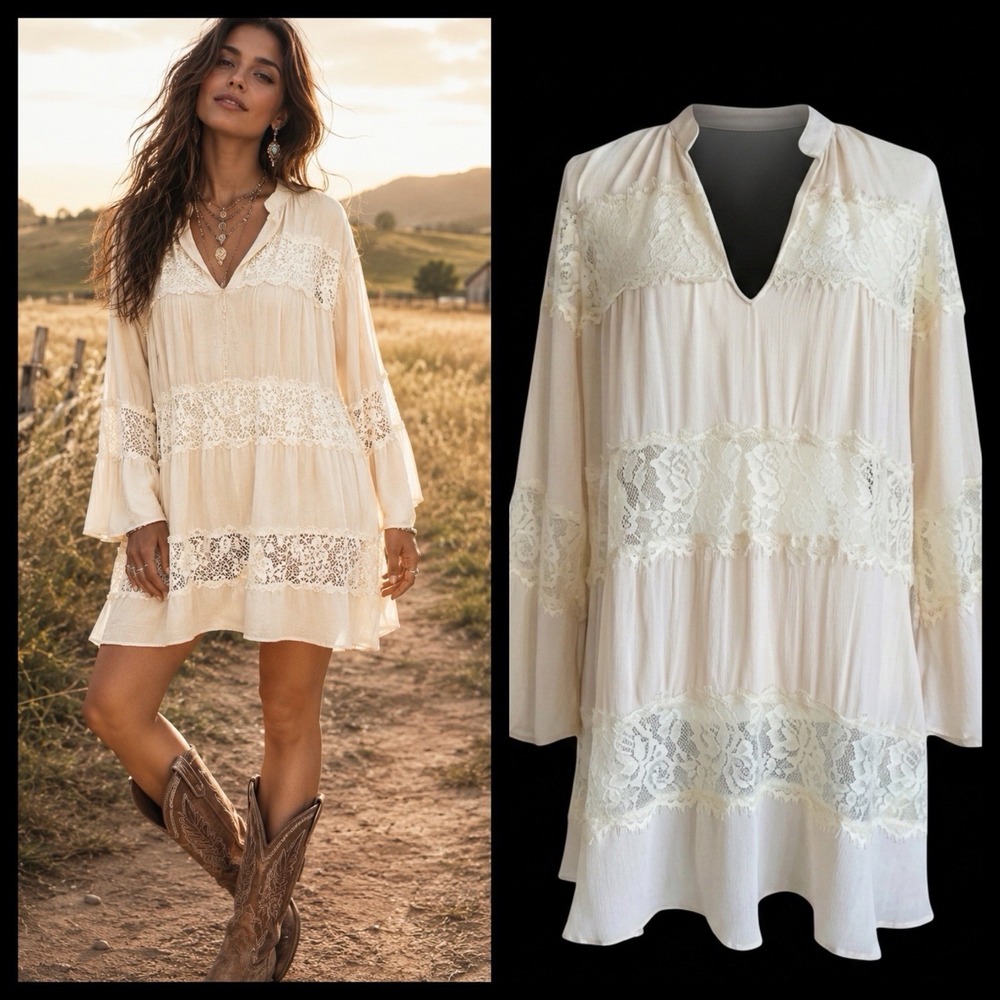 Farm Rio Beige Lace Boho Tunic Dress Bell Sleeve Cottagecore Festival Prairie SM